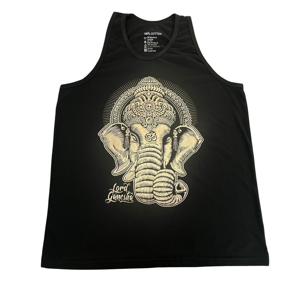 Lord Ganesha Graphic Tank Top Black Gold Cotton Sleeveless Shirt Large (1190)